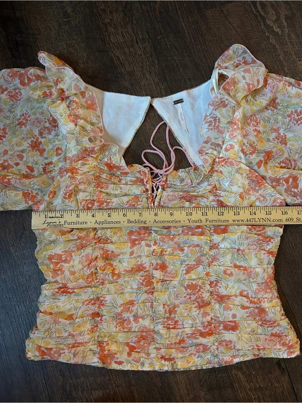 Free People Floral Ruched Peasant Blouse in Peach and Cream